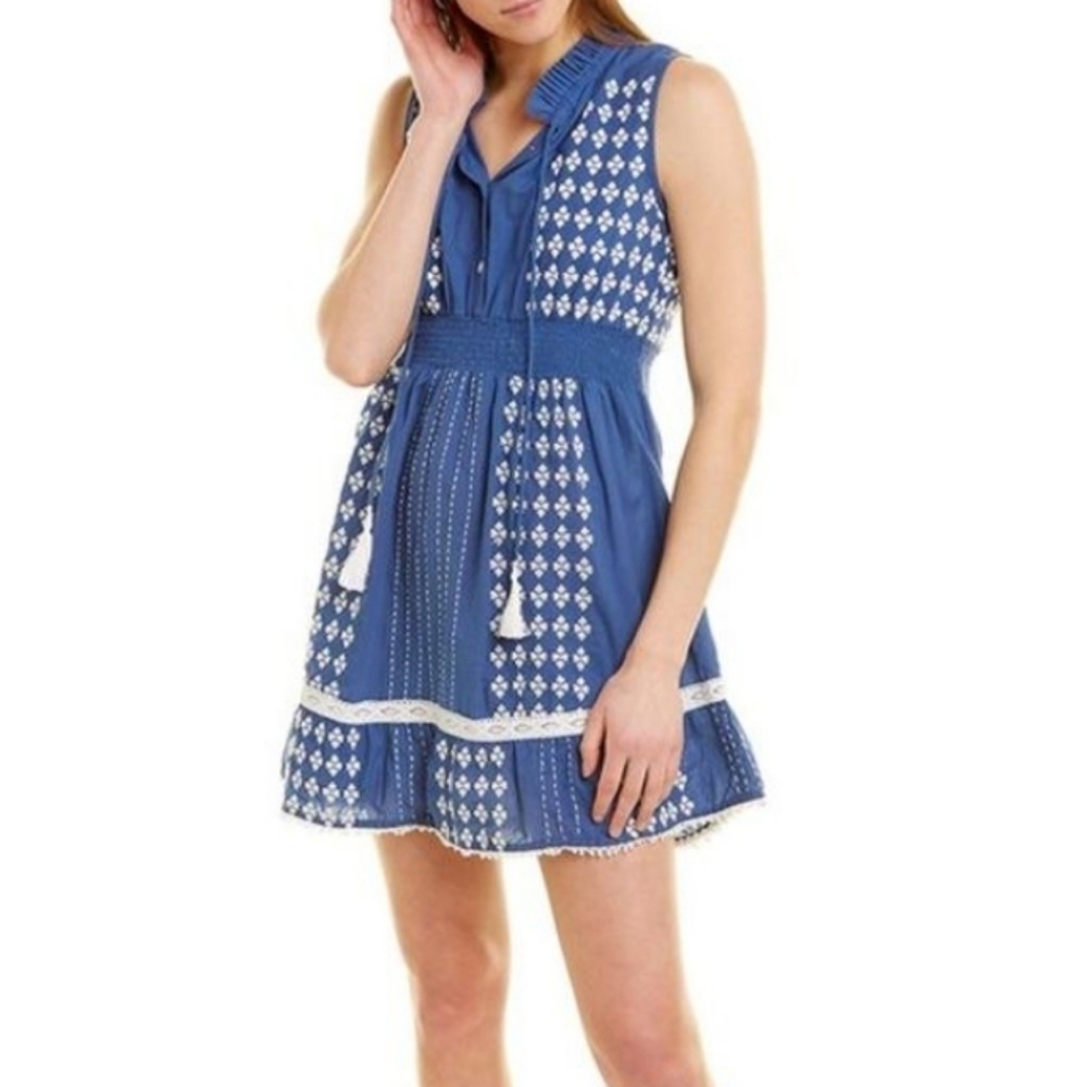 AREA STARS Embroidered Cotton Mini‎ Dress Blue Patterned Sleeveless Women Medium